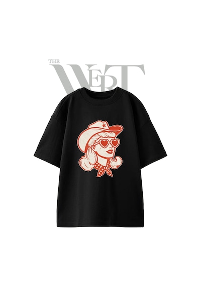 Thewert Retro Cowgirl Tasarım Baskılı Ünisex Siyah Oversize T-shirt