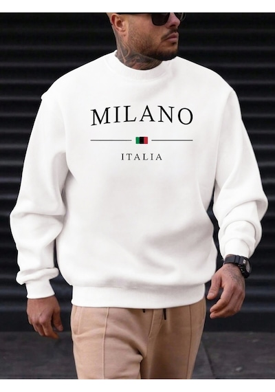 Uyguntarz Unisex Milano Italıa Tasarım Baskılı Bisiklet Yaka Sweatshirt beyaz