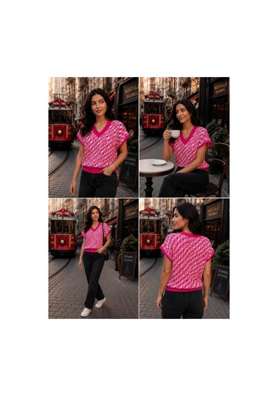 Hira Life Fashion Sfg Life Moda Kadın V Yaka Kare Desenli Şık Süveter Pembe Pembe