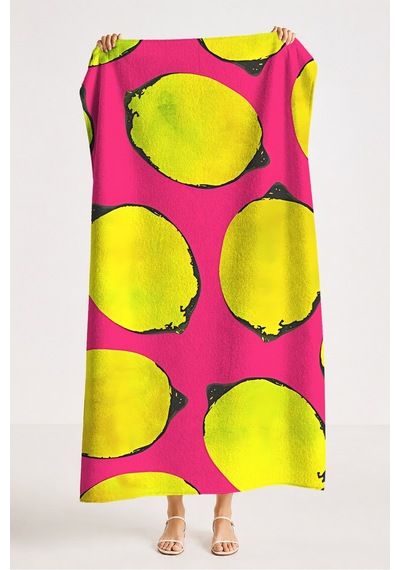Limon Temalı Fuşya Sarı Plaj Havlusu - Tropikal Pop Art Havuz Deniz Hızlı Kuruyan Mikrofiber Havlu Çok Renkli