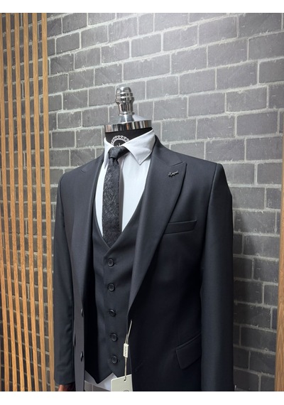 Dupont Classics Erkek Slim Fit 6 Drop Sivri Yaka Yelekli Poliviskon Çift Yırtmaç Takım Elbise Siyah