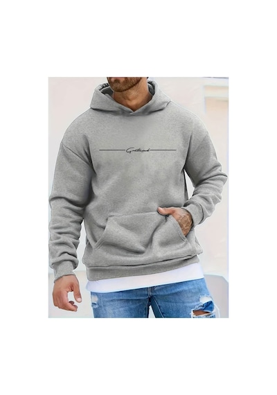 Medinenur El Yazı Detaylı 2 İplik Şardonlu Kapüşonlu Sweatshirt Gri