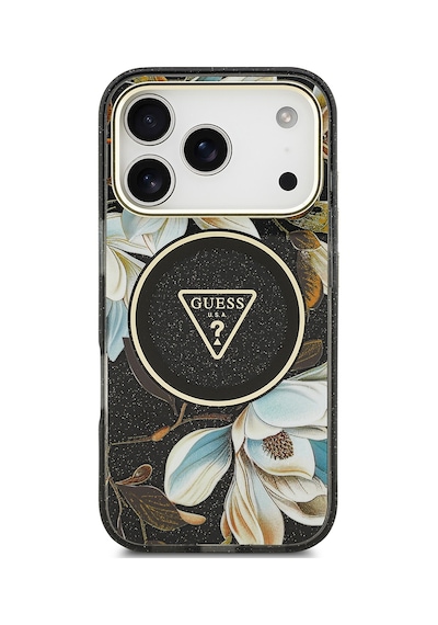 Apple Uyumlu iPhone 17 Pro Kılıf Guess Lisanslı M-safeli Simli Çiçek Desenli Metal Kamera Çerçeveli Kapak Siyah Siyah