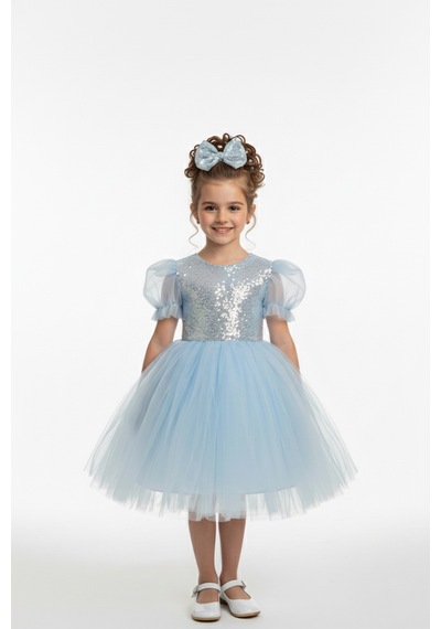 Mnk Baby & Kids Balon Kol Pul Payet Kız Çocuk Tütü Elbise M00751 Mavi