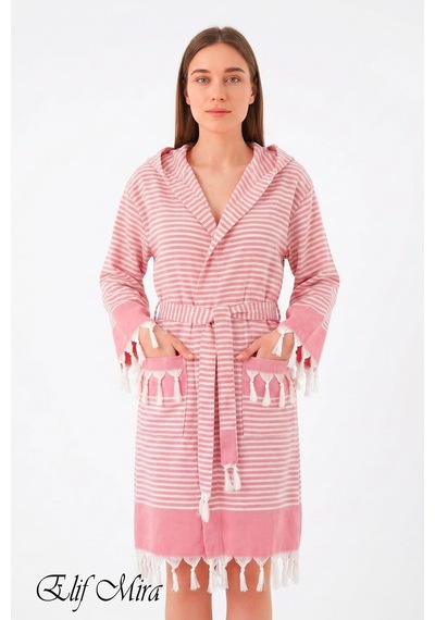 Kapşonlu Unisex Peştemal Plaj Deniz Banyo Bornozu Beachside Koyu Pembe