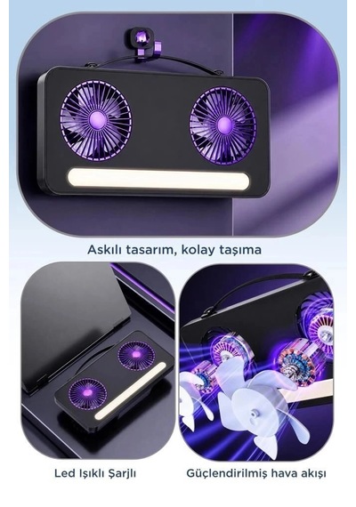 Premium Torima Vantilatör Led Işıklı Şarjlı Çift Fanlı F23 Cihaz Çalışma Seyahat