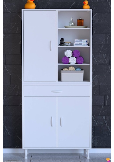 Afra 75 Cm 3 Kapaklı 10 Raflı Ve Çekmeceli Çok Amaçlı Banyo Dolabı Beyaz Afra 75 Cm 3 Kapaklı 10 Raflı Ve Çekmeceli Çok Amaçlı Banyo Dolabı Beyaz