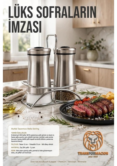 İkili Tuzluk Biberlik Seti 13 Cm 18/10 304 Paslanmaz Çelik Standlı Cam Baharatlık 723495 Diğer