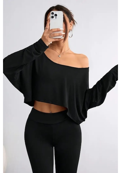 Kadın Düşük Omuz Kayık Yaka Oversize Uzun Kollu Crop T-shirt Siyah