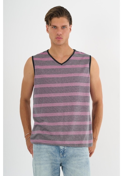 V Yaka Çizgili Kolsuz T-shirt Pembe