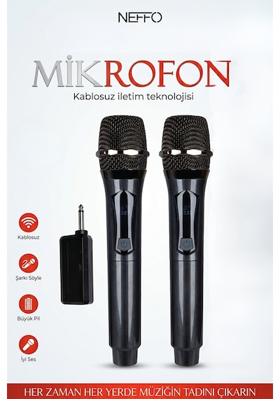 Çiftli Kablosuz Mikrofon Seti Şarj Edilebilir Karaoke Mikrofonu, 50 Metre Mesafe