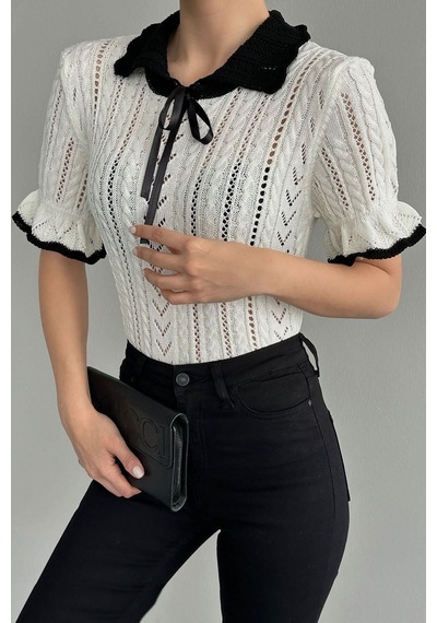De Pose Kadın Beyaz Bebe Yaka Kısa Kollu Ajurlu Saç Örgü Triko Crop
