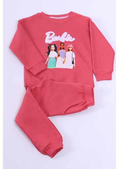 Kız Çocuk Eşofman Takımı Barbie Baskılı Pul Payetli A59 Gülkurusu