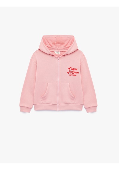 Koton Cep Detaylı Uzun Kollu Baskılı Oversize Kapşonlu Fermuarlı Sweatshirt Pembe 7wkg10018ak Gül
