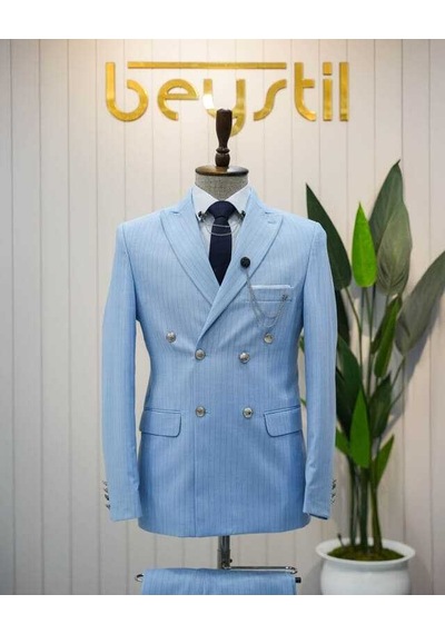 Beystil Sivri Yaka Bebe Mavisi Çizgili Kruvaze Takım Elbise - Slim Fit Mavi
