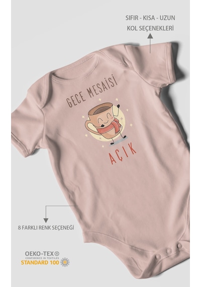 Gece Mesaisi Açık Baskılı Bebek Zıbını Çıtçıtlı Body %100 Pamuk Kısa Kol Pastel Pembe
