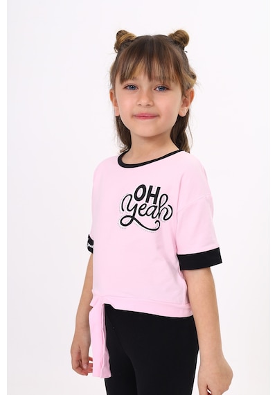Toontoy Kids Toontoy Kız Çocuk Önü Bağlama Detaylı Baskılı Tişört Açık Pembe