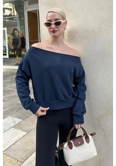 Madmext Lacivert Kayık Yaka Kadın Sweatshirt Mg2239 Lacivert