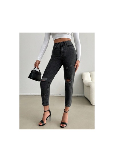 Kene Jeans Yüksek Bel Kar Siyah Diz Lazer Yırtık Detaylı Mom Jeans Kar Siyah