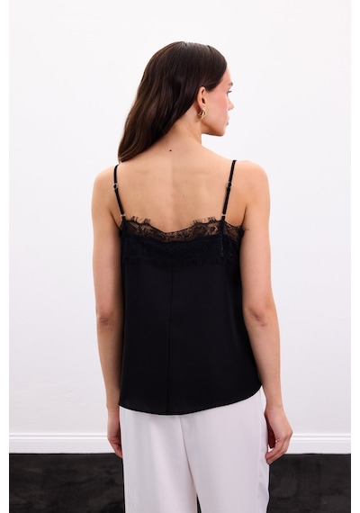 Sateen Dantel Detaylı Askılı Bluz - Siyah-136873 Siyah