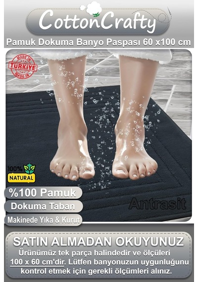 Cottoncrafty %100 Pamuk Dokuma Banyo Paspası, Banyo Halısı Vera 60x100 Cm Makinede Yıka &amp Kurut Antrasit Genel