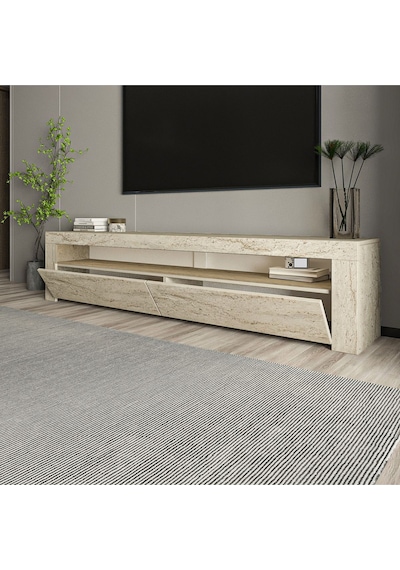 Batı LED Işıklı 2 Kapaklı TV Sehpası – 150 cm – Minimal Tasarım, Traverten