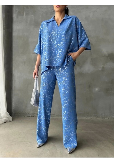Defymoda Varaklı Bluz Pantolon Takım - Mavi Mavi