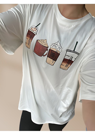 Coffe Süprem T-shirt - Beyaz Baskılı Oversize Bisiklet Yaka Kısa Kol Tişört Beyaz