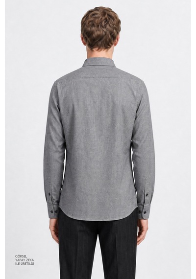 Altınyıldız Classıcs Erkek Grı Pamuklu Slim Fit Dar Kesim Düğmeli Yaka Diagonal Desenli Flanel Gömlek Gri