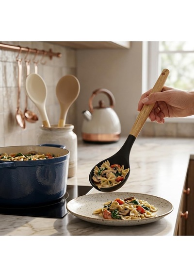 30 Cm Bambu Saplı Silikon Servis Kaşığı, Derin Hazneli Yemek Kaşığı, Makarna Sebze Pilav Ve Günlük Servis İçin Mutfak Kaşığı, Askı Delikli, 3 Renk Asorti Karışık Gönderim
