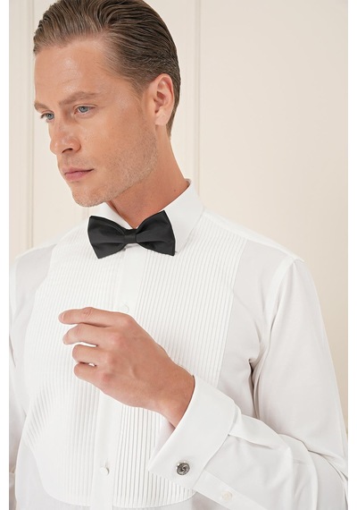Efor Slim Fit Duble Manşet Klasik Yaka Piliseli Beyaz Damatlık Smokin Gömlek Gk 732 Krem