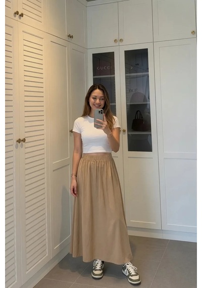 Kadın Bej Poplin Kumaş Uzun Etek Beli Lastikli Günlük Maxi Etek 90 Cm