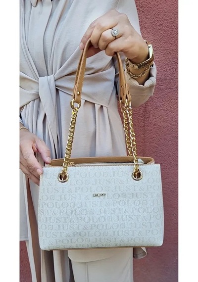 Just Polo Kadın Baskılı Uzun Ayarlanabilir Askılı Şık El Ve Omuz Çantası Shoulder Bag Beyaz - Taba