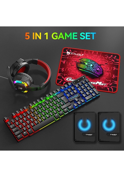 Apphirex Oyuncu 5-ın-1 Rgb Aydınlatmalı Gaming Full Ekipman Seti Q Klavye+mouse+mousepad+kulaklık+hoparlör Lazer