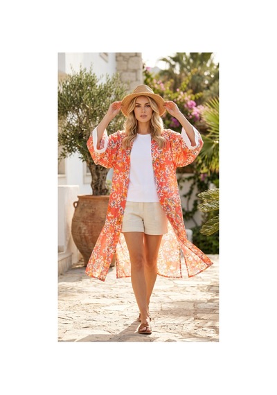Lila Mare Pamuk Vual Kumaşlı Handmade Homewear & Beachwear Kimono Renkli Renkli