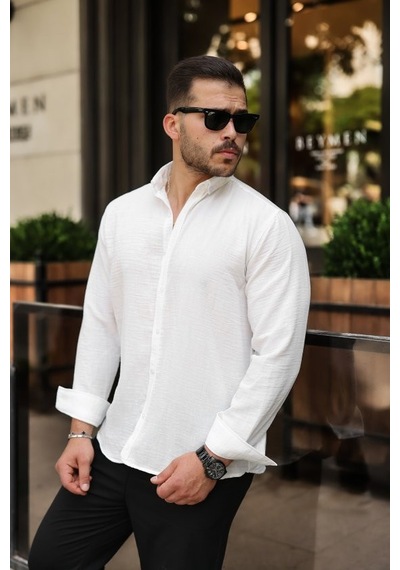 Veraura Lifestyle Erkek Uzun Kollu Beyaz Düğmeli Pera Keten Gömlek