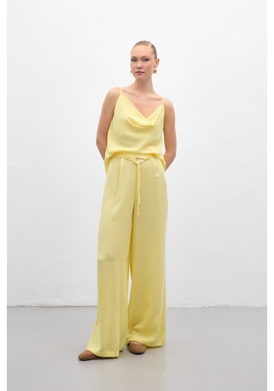 Sateen Kemerli Salaş Pantolon - Sarı-136699 Sarı