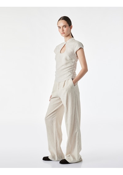 Koton Damla Pencere Detaylı Mandarin Qipao Yaka Kısa Kollu Keten Bluz Bej 7wak60173uw Ekru