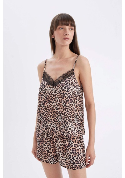 DeFacto Saten Pijama Takımı Leopar Desenli Askılı Üst Esnek Belli Şort-Fall in Love D4406AX24HSBK27