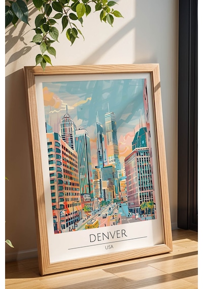 Abd Denver Temalı Çerçeveli Tablo Travel Serisi Modern İllüstrasyon Şehir Duvar Dekoru Kayın