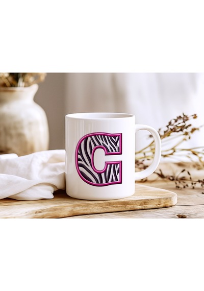 C Harfi Zebra Deseni Ve Pembe Kenarlı Kupa Bardak - Kişiye Özel Nakış Efektli - Siyah Beyaz Pembe Beyaz