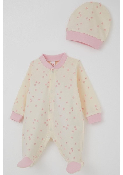 Breeze Kız Bebek Patikli Tulum Çiçek Desenli 0-6 Ay, Krem Krem