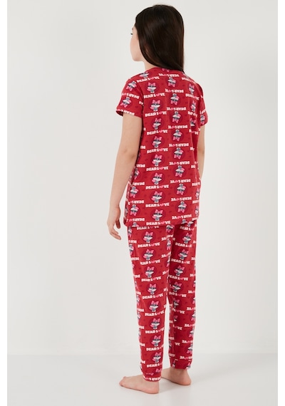 Lela % 100 Pamuk Bisiklet Yaka Kısa Kollu Kız Çocuk Pijama Takımı 6651004 Kırmızı