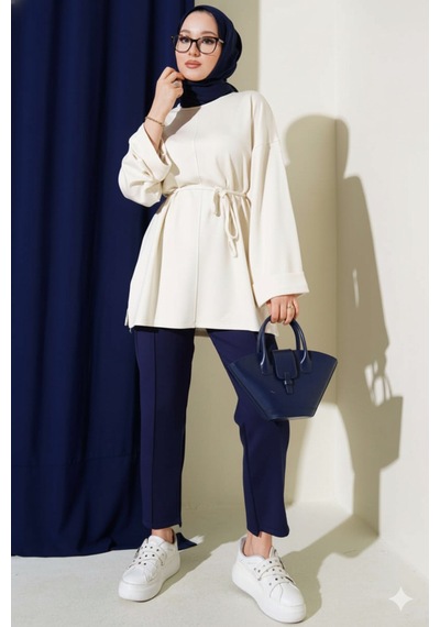 Unika Boutique Modal Kumaş Kuşaklı Tesettür Tunik Ekru