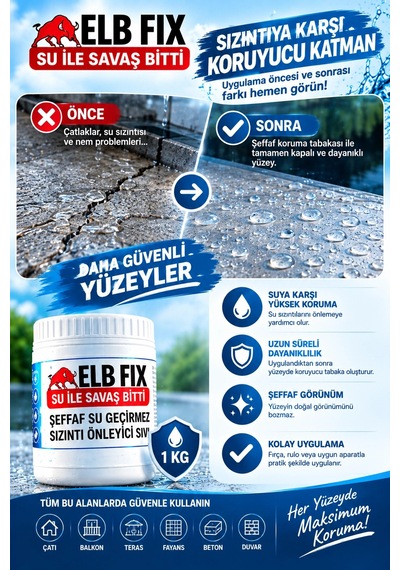 Elb Fıx Şeffaf Su Geçirmez Sızıntı Önleyici Sıvı Yalıtım Ürünü 1 Kg Çatlak Ve Su Sızıntısı Önleyic