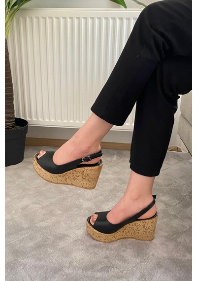 Asmi Shoes Kadın Fenni 10 Cm Dolgu Topuklu Mantar Taban Ayakkabı Siyah Siyah