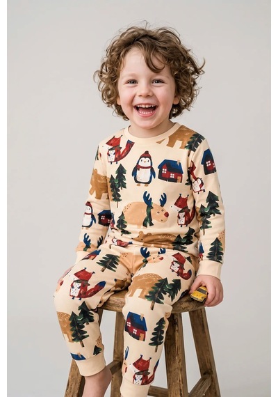 Zuzunga Sevimli Kardan Adam-penguen Desenli %100 Pamuk Unisex Çocuk Pijama Takımı Krem