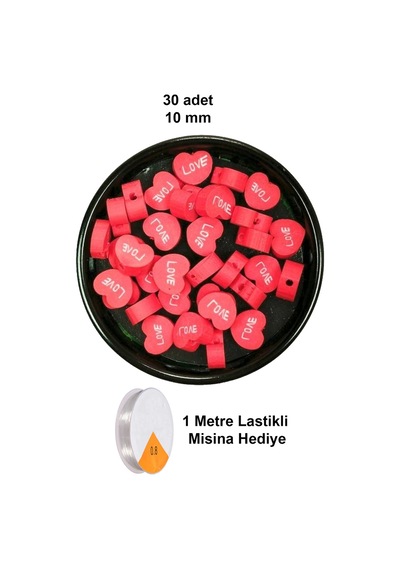 30 Adet 10 Mm Polimer Kil Fimo Boncuk Takı Bileklik + 1 Metre Lastikli Misina Hediye - Kalp Love