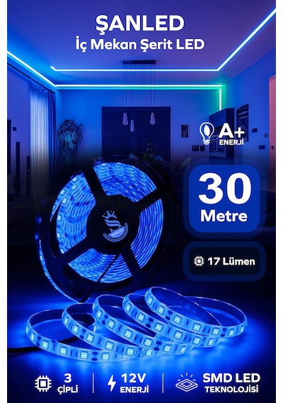 3 Çipli Şerit Mavi Renk 12v 30 Metre