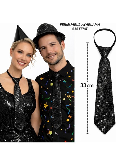 Siyah - 762 - Renk Pul Payetli Işıltılı Parti Kravatı - Dpmıx-hb - 33 Cm